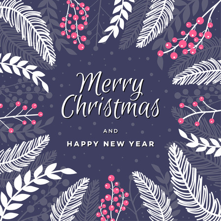 Merry Christmas and Happy New Year. Beautiful holiday theamed banner with winter plants and berries. Vector illustration.の写真素材