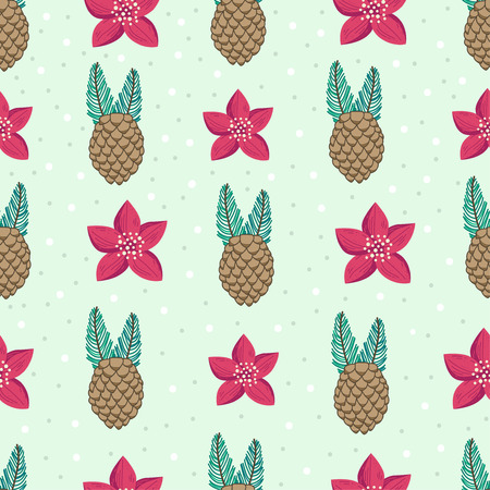 Beautiful repeating pattern. Christmas and winter theme. Pine cones and red flowers. Hand drawn style. Perfect for textile, wrapping, print, web and all kinds of decorative projects.の写真素材