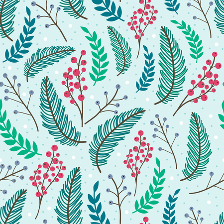 Whimsical repeating pattern. Christmas and winter theme. Plants, berries and leaves. Hand drawn style. Perfect for textile, wrapping, print, web and all kinds of decorative projects.の写真素材