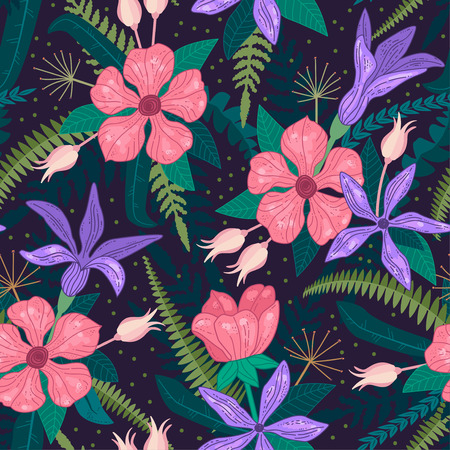 Whimsical repeating pattern. Floral composition. Hand drawn style. Perfect for textile, wrapping, print, web and all kinds of decorative projects. Vector illustration.の写真素材