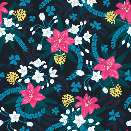Beautiful repeating pattern. Floral composition. Flowers and leaves. Hand drawn style. Perfect for textile, wrapping, print, web and all kinds of decorative projects. Vector illustration.の写真素材