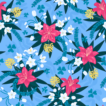 Beautiful repeating pattern. Floral composition. Flowers and leaves. Hand drawn style. Perfect for textile, wrapping, print, web and all kinds of decorative projects. Vector illustration.の写真素材