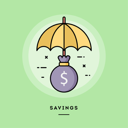 Savings, money bag under an umbrella, flat design thin line banner, usage for e-mail newsletters, web banners, headers, blog posts, print and more. Vector illustration.の写真素材