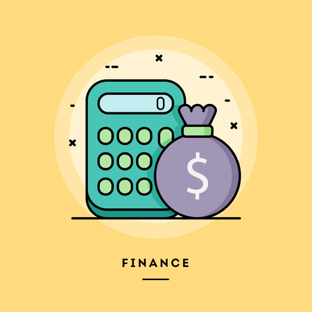 Finance, calculator and a bag of money, flat design thin line banner, usage for e-mail newsletters, web banners, headers, blog posts, print and more. Vector illustration.の写真素材