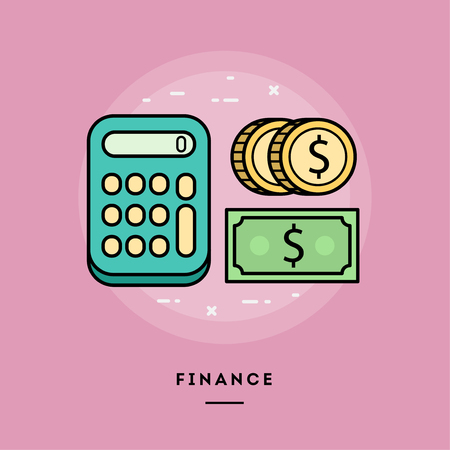 Finance, calculator and money, flat design thin line banner, usage for e-mail newsletters, web banners, headers, blog posts, print and more. Vector illustration.の写真素材