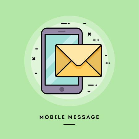 Mobile message, smartphone with an envelope, flat design thin line banner, usage for e-mail newsletters, web banners, headers, blog posts, print and more. Vector illustration.の写真素材