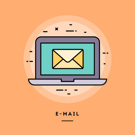 E-mail, laptop with an envelope, flat design thin line banner, usage for e-mail newsletters, web banners, headers, blog posts, print and more. Vector illustration.の写真素材