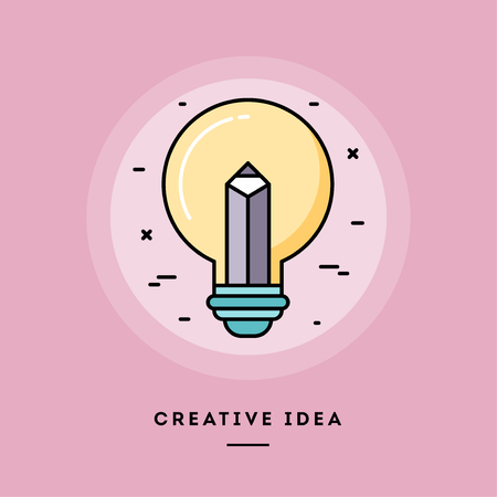 Creative idea, pencil in a light bulb, flat design thin line banner, usage for e-mail newsletters, web banners, headers, blog posts, print and more. Vector illustration.の写真素材