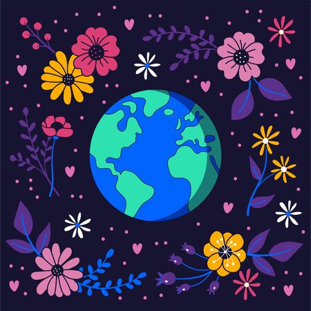 Earth in space surrounded by flowers. Floral background. Environmental conservation concept.のイラスト素材