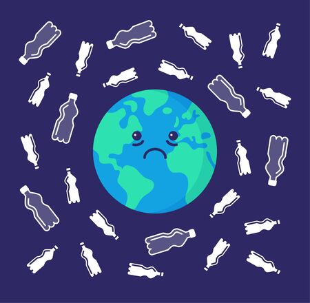 Sad Earth, surrounded by plastic bottles waste. Vector Illustrationのイラスト素材