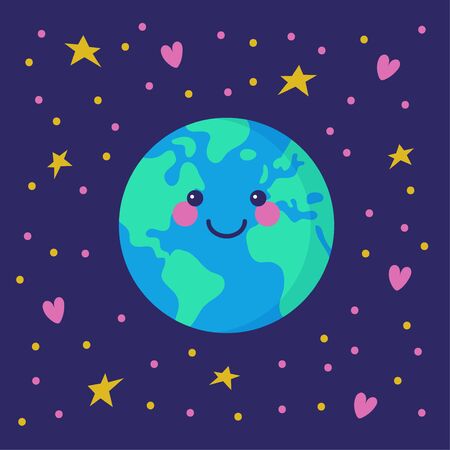 Happy smiling Earth, floating in space among stars and hearts.のイラスト素材