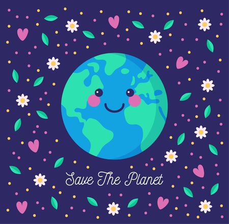 Save the planet. Environmental conservation concept. Cute smiling Earth, floating among flowers and hearts.のイラスト素材