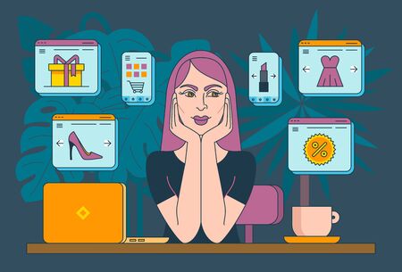 Online Shopping. Girl with her laptop, thinking what to buy next.のイラスト素材