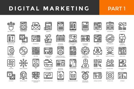 Digital marketing icons, thin line style, big set. Part one. Vector illustrationのイラスト素材