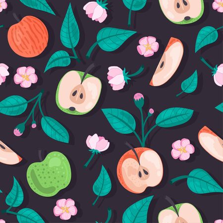 Beautiful seamless pattern. Apples, leaves and flowers on a dark background.のイラスト素材