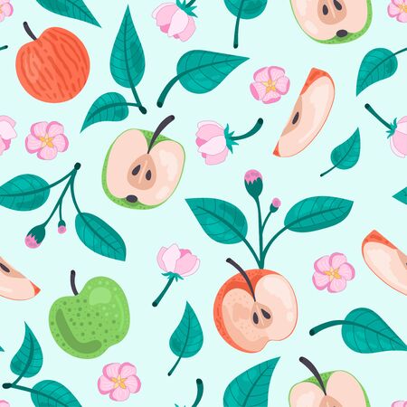 Beautiful seamless pattern. Apples, leaves and flowers on a light background.のイラスト素材