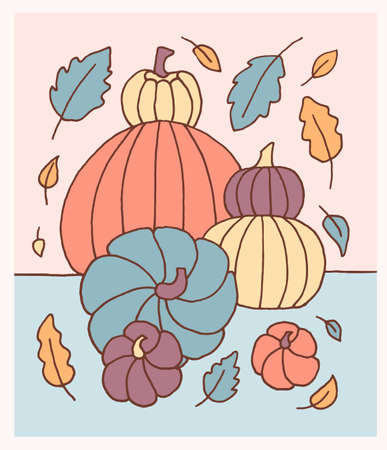 Beautiful autumn pumpkin composition, hand drawn, in pastel colorsのイラスト素材