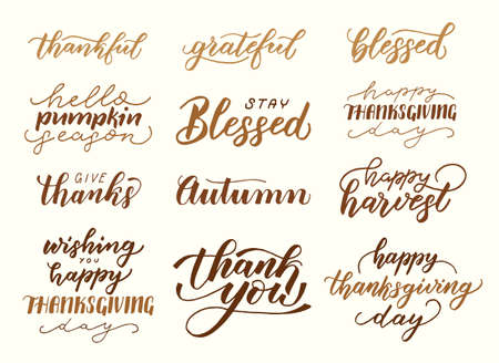 Set of Thanksgiving Day phrases. Inspirational autumn handwritten quotes, lettering, modern brush calligraphy. Vector illustration.のイラスト素材
