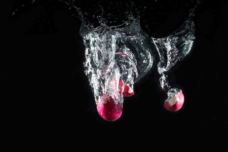 Fresh radish falling in water splash on black backgroundの写真素材