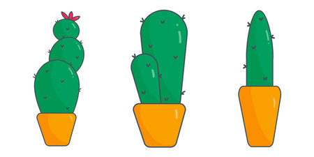 cactus green needles pot yellow set elementsのイラスト素材
