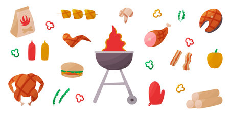 bbq grill party cook summer elements setのイラスト素材
