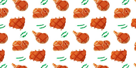 meat barbecue grill fry salad leaves patternのイラスト素材