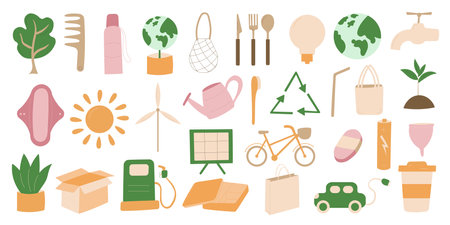 eco bio zero waste set of elements container saving soap vector illustrationのイラスト素材