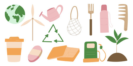 eco bio zero waste set of elements container saving soap vector illustrationのイラスト素材