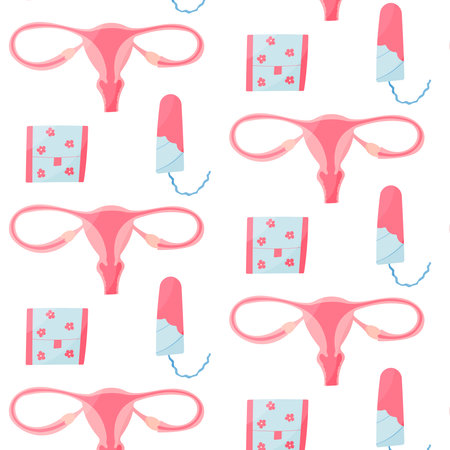 feminine hygiene uterus tampon pad packaging blood pattern textile backgroundのイラスト素材