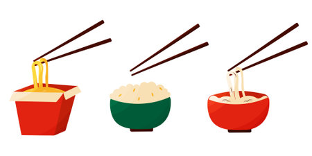 Set of Chinese dishes in plates and cardboard food boxes with rice and noodles with wooden chopsticks. A quick and tasty meal. Breakfast, lunch and dinner at home and in a cafe. Asian culture. Collection of elements, symbols on an isolated white background. hand drawn vector illustration.のイラスト素材