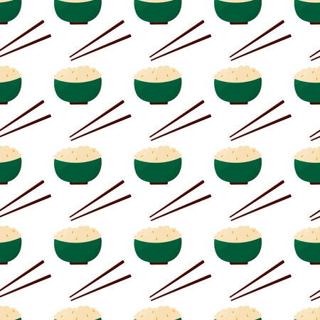 A bowl with a portion of rice and a pair of small thin chopsticks, a traditional cutlery in East Asia. Chinese pattern, wallpaper, textile on isolated white background. Hand drawn vector illustration.のイラスト素材