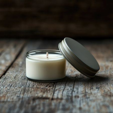 Photo of a scented candle jar mockup on a weathered wooden surface with the lid slightly ajar, bathed in soft warm lighting for a rustic and comforting atmosphere.の素材