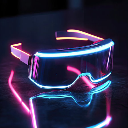 VR headset mockup on a glass table, ready for customizable branding. Sleek design with futuristic lighting creates an immersive and modern look, ideal for tech displays.の素材