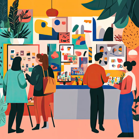 People enjoying a local craft fair, showcasing handmade items in a vibrant and busy setting, emphasizing creativity and community spirit.の素材