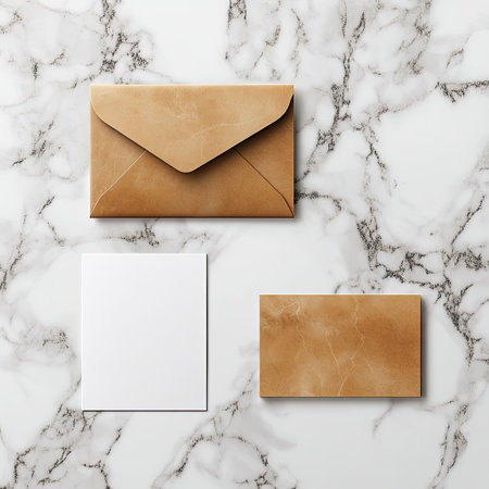 A high-resolution mockup featuring an envelope and business card on a marble background. The minimal, elegant design creates a clean and sophisticated atmosphere ideal for branding projects.の素材