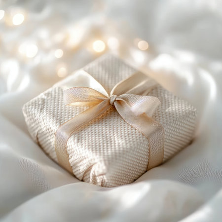 Photo of a present wrapped in textured paper with a ribbon on a soft background, featuring warm tones that create a cozy and sophisticated atmosphereの素材