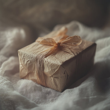Photo of a present wrapped in textured paper with a ribbon on a soft background, featuring warm tones that create a cozy and sophisticated atmosphereの素材