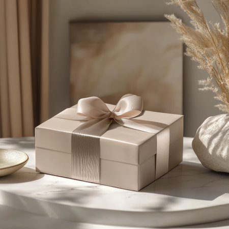 Photo of a gift box mockup adorned with a bow on a neutral surface, featuring soft focus and a warm color palette, creating an elegant and inviting moodの素材