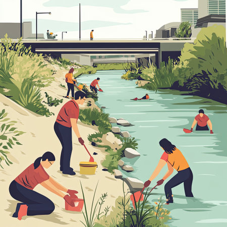 Volunteers from diverse backgrounds cleaning up a riverbank, working together in a community-focused, environmental initiative.の素材