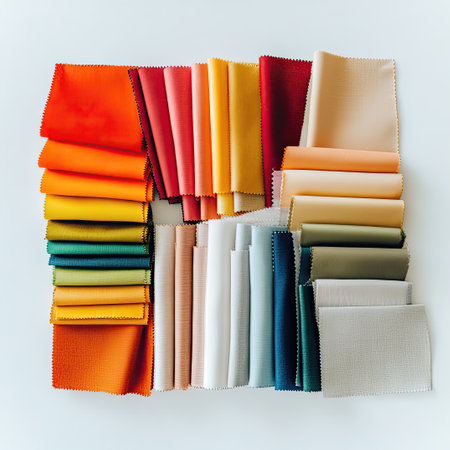 Fabric swatch collection mockup on a clean white background, featuring vibrant colors and high detail, organized in a professional, bright, and inviting aesthetic.の素材