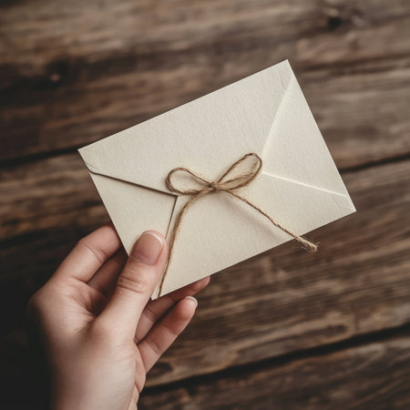 Invitation card mockup displayed over a rustic wooden table, illuminated by natural light. The soft shadows and warm tones create an intimate and charming ambiance for any occasion.の素材