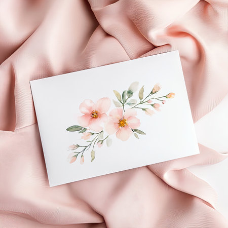 A high-resolution invitation card mockup featuring a watercolor floral design on a plain white background. Soft pastel colors create an elegant and cheerful feel, ideal for events.の素材