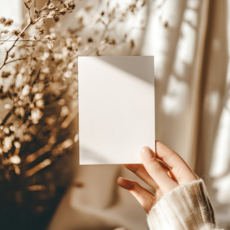 A greeting card mockup held in hand with natural lighting and neutral tones. The cozy, warm feel creates an inviting presentation perfect for showcasing card designs or personalized messagesの素材