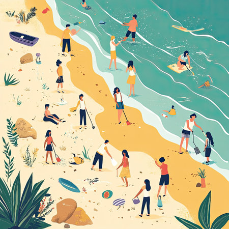 People of different ethnicities cleaning up a beach, working together with smiles under a bright sun, promoting teamwork and unity.の素材