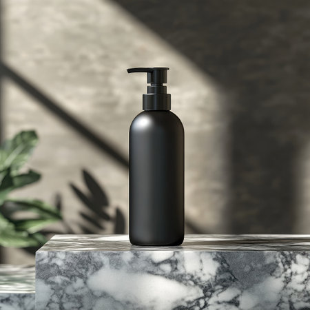 An elegant lotion bottle mockup on polished granite, featuring a minimalistic design and gentle natural lighting. The sleek, refreshing vibe enhances the modern skincare aesthetic.の素材