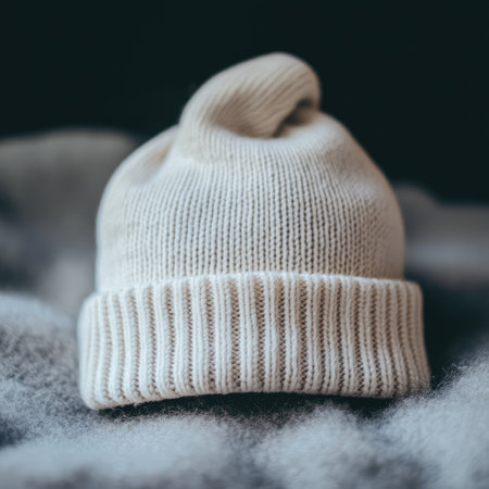 A photo mockup of a white beanie hat on a simple background, captured in close-up with soft shadows. The modern, minimalist atmosphere enhances its stylish appeal.の素材