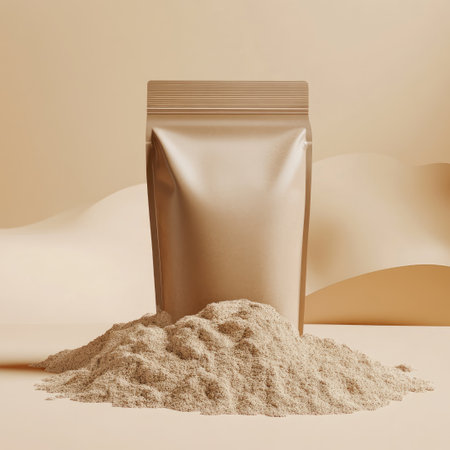A photo of a protein powder bag mockup on a light beige background, featuring high detail and an angled perspective. The sleek design exudes a fresh and organic feel.の素材