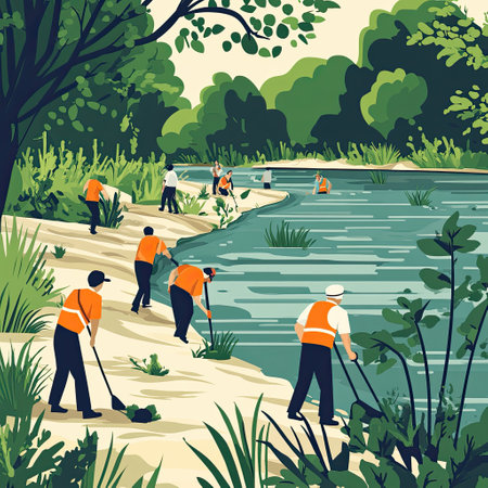 Volunteers from diverse backgrounds cleaning up a riverbank, working together in a community-focused, environmental initiative.の素材