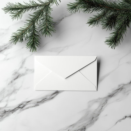 A high-resolution mockup featuring an envelope and business card on a marble background. The minimal, elegant design creates a clean and sophisticated atmosphere ideal for branding projects.の素材