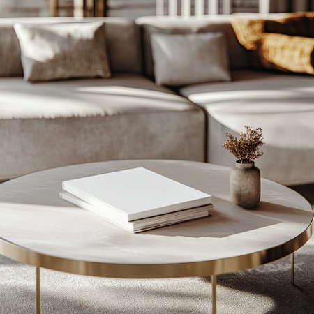 A magazine mockup featuring blank white sheets displayed on a minimalist coffee table. The high detail and muted tones create a casual and stylish vibe, perfect for modern design presentations.の素材